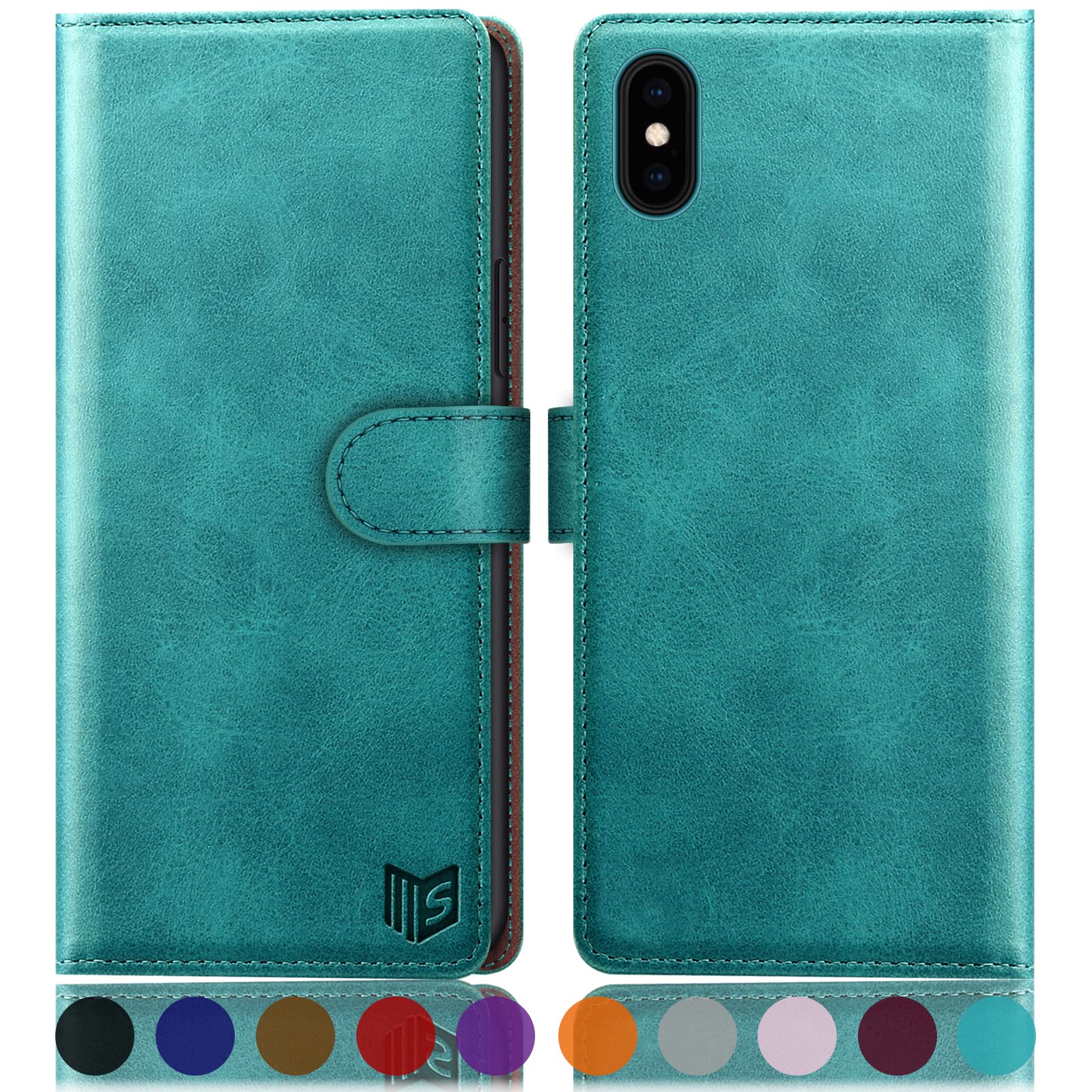 SUANPOT for iPhone XS Max 6.5" case with [Credit Card Holder][RFID Blocking],PU Leather Flip Book Protective Cover Women Men for Apple XS Max Phone case Blue Green