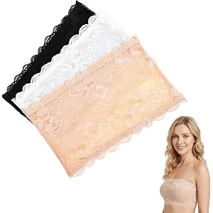 3 Pcs Lace Tube Top Bra, Lace Bandeau for Women Stretchy Tube Top Bras Modesty Panel Cleavage Cover 3 Colours Strapless Bras