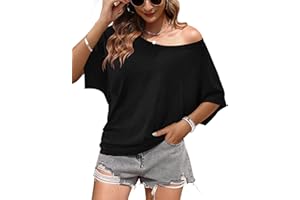 WNEEDU Women's Off The Shoulder Top 2026-Summer T-Shirt Crew Neck Batwing Casual Oversized Ladies Tops