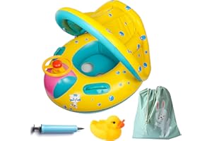 FINDUWILL Inflatable Baby Swimming Pool Floats with Removable Sun Protection Canopy, Toddler Floaties with Seat and Handle, No Flip Over Baby Boat Swim Floats for Age of 6-36 months, with Hand Pump, Storage Bag