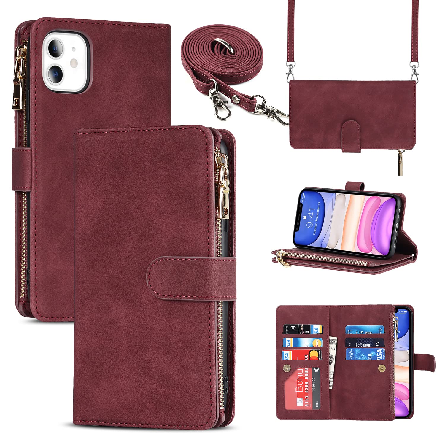 Cavor Crossbody iPhone 11 Case With Card Holder With Strap,Flip Leather Wallet Case,[9 Card Holder] Zipper Detachable Lanyard Phone Case Cover for Women for iPhone 11 - Red