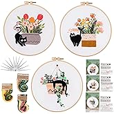 3pcs Embroidery Kit for Beginners DIY Adult Beginner Embroidery Kits with Cat Pattern 1 Embroidery Hoops Needles Threads and 