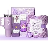 Birthday Gifts for Women Self Care Get Well Soon Gifts, Lavender Relaxing Spa Bath Gift Basket Care Package w/ Flannel Blanket 40 OZ Tumbler, Mother's Day Gift for Mom Her Wife Girlfriend Grandma