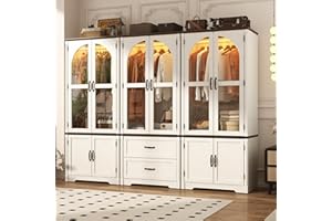CHARTUSTRIABLE Tall Farmhouse 6 Doors Armoire Wardrobe Closet with LED ,72" Freestanding Arched Wardrobe Closet Cabinet for Bedroom w Glass Doors/Drawers,Wooden Clothing Storage Cabinet,Closets for Bedroom(White)