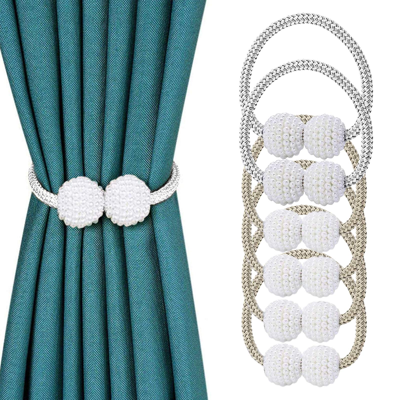 Curtain Tiebacks,WOVTE 6PCS Pearl Ball Magnetic Curtain Tiebacks Pretty and Fashion Curtain Rope Holdbacks for Home, Office, Hotel Window Decoration