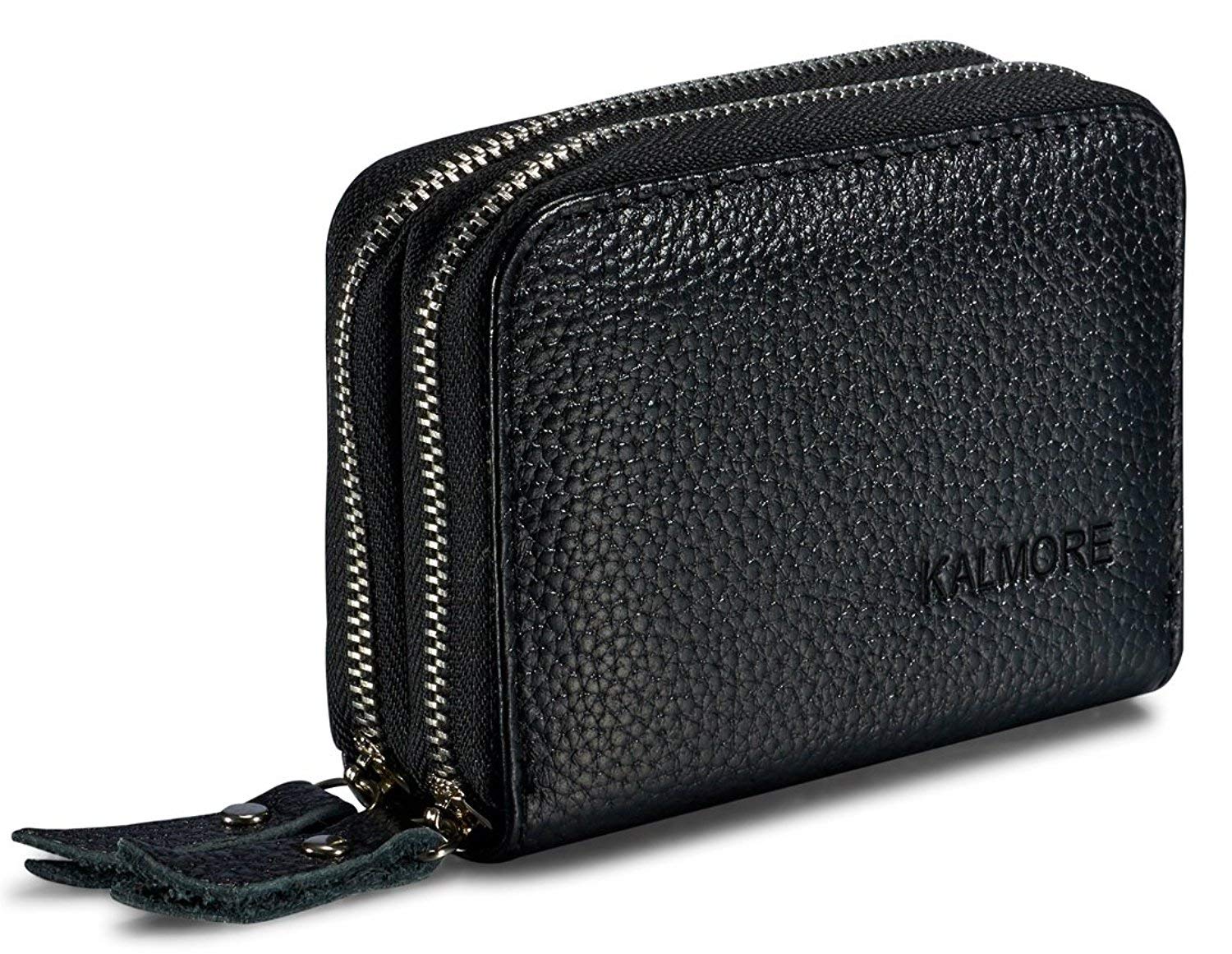 KALMORE Women's Leather RFID Secured Spacious Cute Zipper Card Wallet Small Purse, Black, Two Zippers, Genuine Leather RFID Secured Spacious Cute Zipper Card Wallet Small Purse
