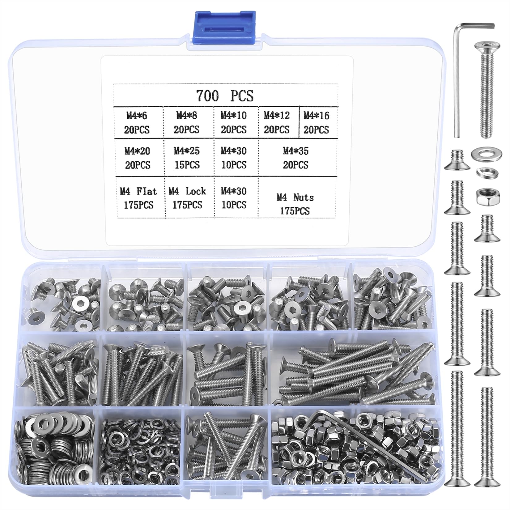 "700 Pcs M4 Flat Head Hex Socket Screws, Bolts, Nuts and Washers Set - Hexagon Socket Countersunk Machine Screws Assortment Kit"