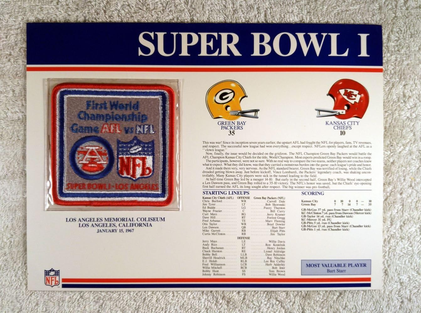 Super Bowl I (1967) Official NFL Super Bowl Patch with complete Statistics Card