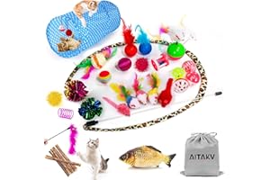 AILUKI 31 PCS Cat Toys Kitten Toys Assortments,Variety Catnip Toy Set Including 2 Way Tunnel,Cat Feather Teaser,Catnip Fish,M