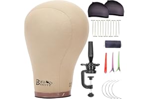 BHD BEAUTY Cork Canvas Block Mannequin Head Wig Display Styling With Mount Hole 22"(Canvas Head+Head Stand+T Pins+C Needles+Wig Caps+Thread +Clips)