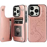 Vaburs Compatible with iPhone 15 Pro Case Wallet with Card Holder,Embossed Butterfly Pattern PU Leather Double Buttons Flip Protective Shockproof Cover for Magnetic Car Mount 6.1 Inch (Rose Gold)