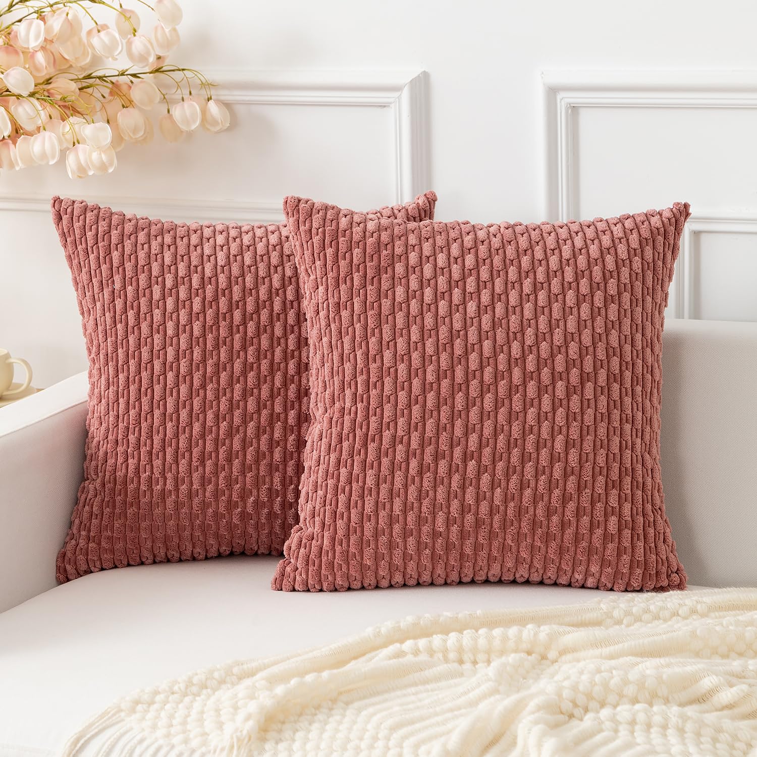 Photo 1 of Kevin Textile Throw Pillow Covers Soft Corduroy Decorative Set of 2 Valentines Day Boho Striped Pillow Covers Pillowcases Farmhouse Home Decor for Couch Bed Sofa Living Room 16x16 Inch Blush Pink