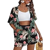 REDHOTYPE Women's 2 Piece Outfits Kimono Style Tropical Print Cover Ups Half Sleeve Blouse Shorts Set Summer Beachwear (S-XL)