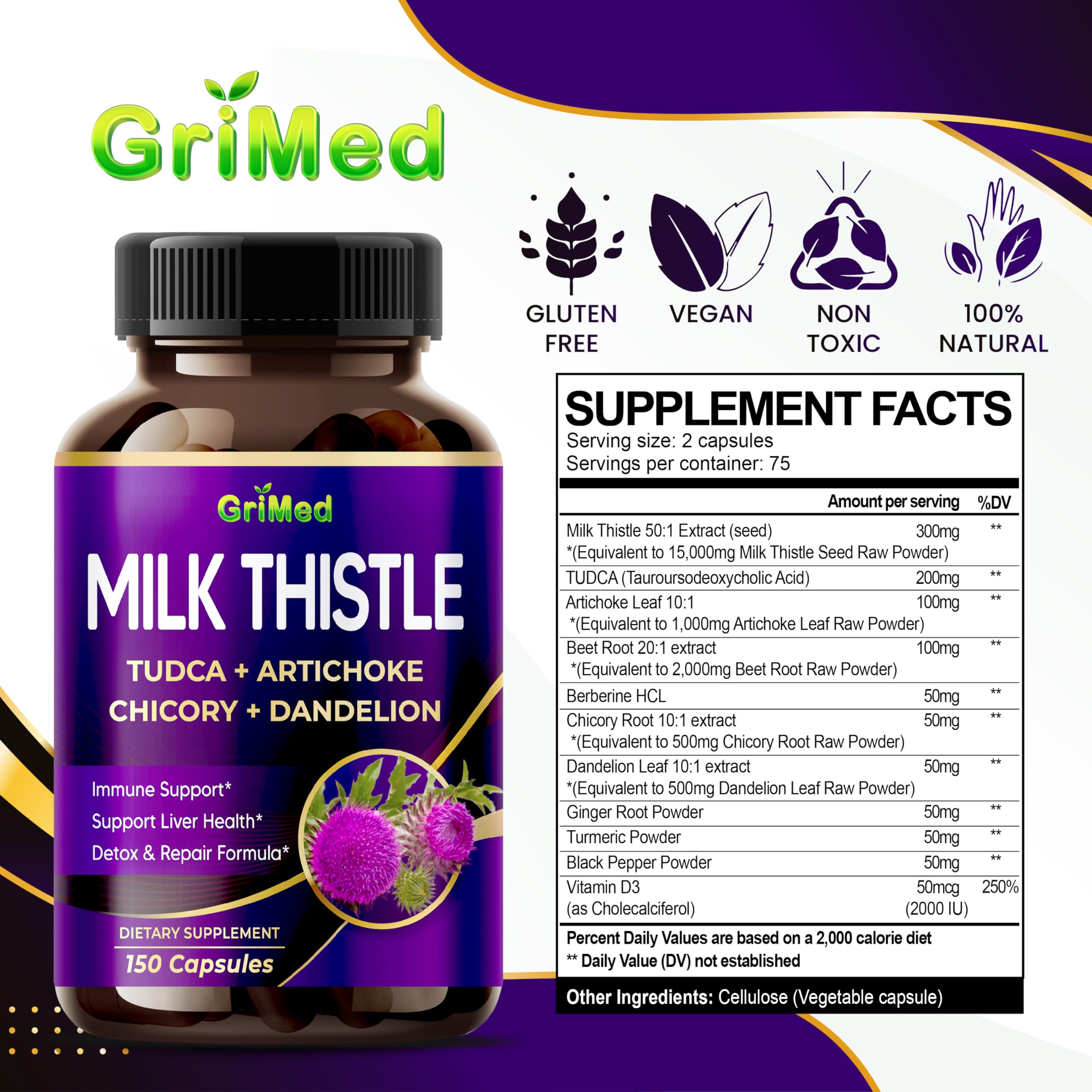 GriMed 19400mg 50x Concentrated Extract TUDCA Milk Thistle - Ultra Liver Support Supplement with Artichoke, Beet Root, Berberine, Chicory, Dandelion, Ginger Turmeric (90 Count (Pack of 1))