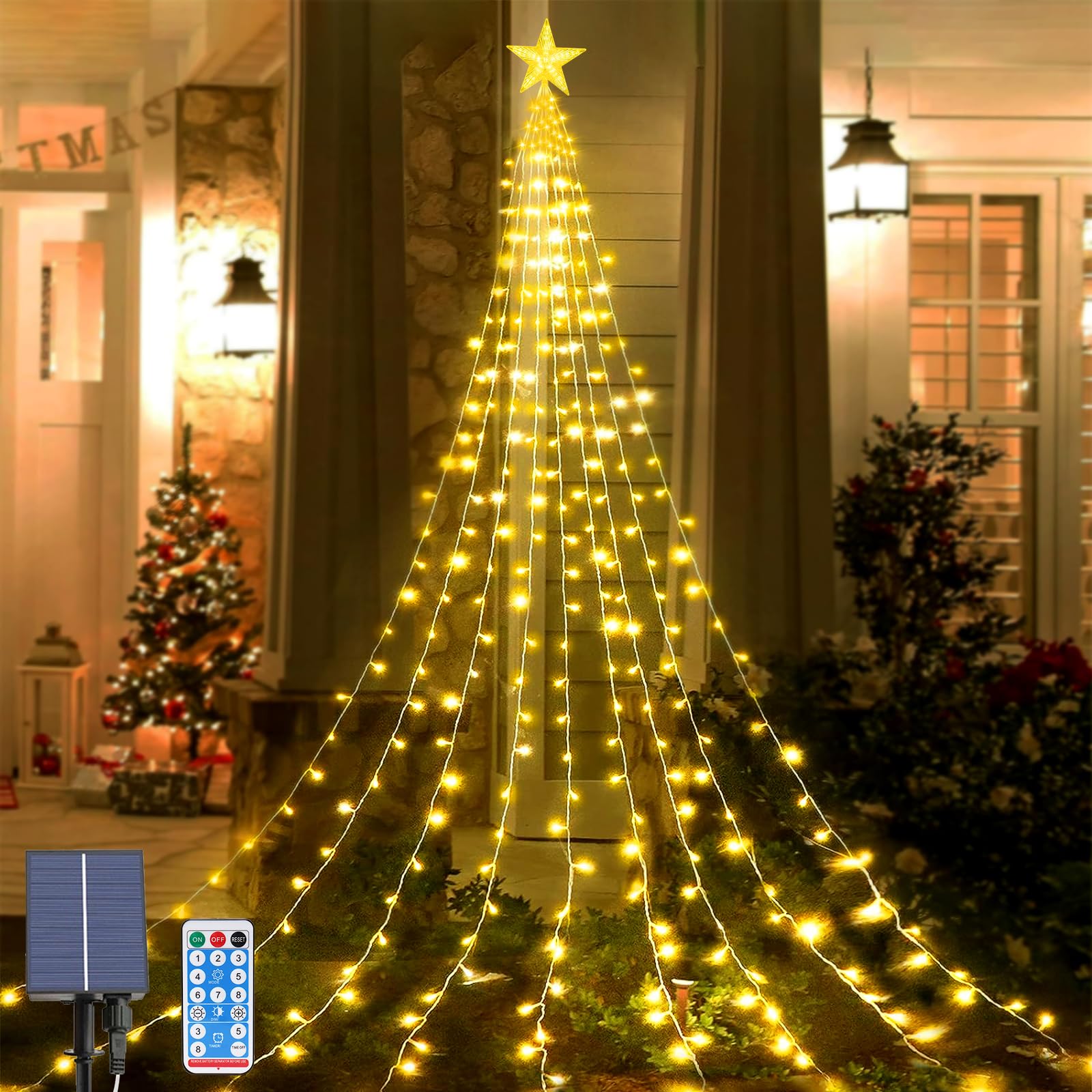 Micacorn Solar String Light Garden Christmas Tree Waterfall Lights 6.6 ft 9 Strand 198 LEDs Fairy Light Topper Star Light 8 Modes Waterproof Decorations Lights with Remote for Xmas Wedding Party