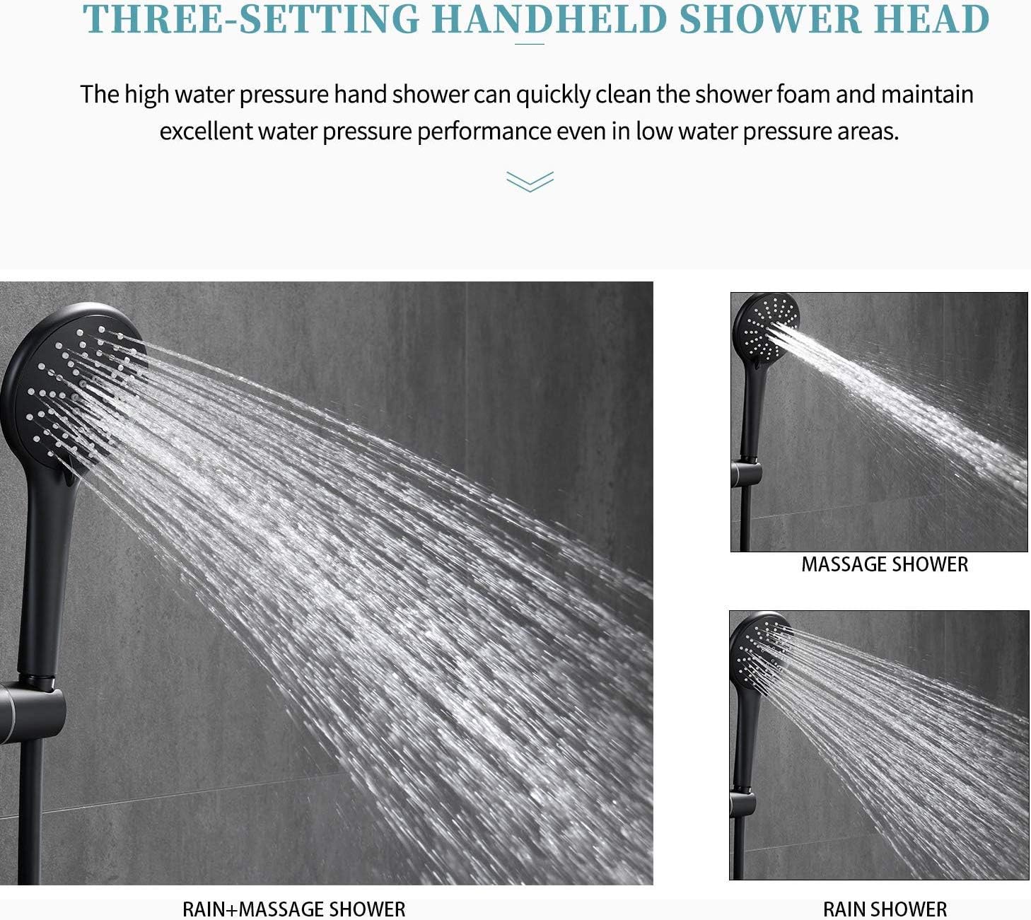 Shower System, Ceiling Shower Faucet Set for Bathroom with High Pressure 8" Rain Shower head and 3-Setting Handheld Shower Head Set, Pressure Balance Valve with Trim and Diverter, Black - - 