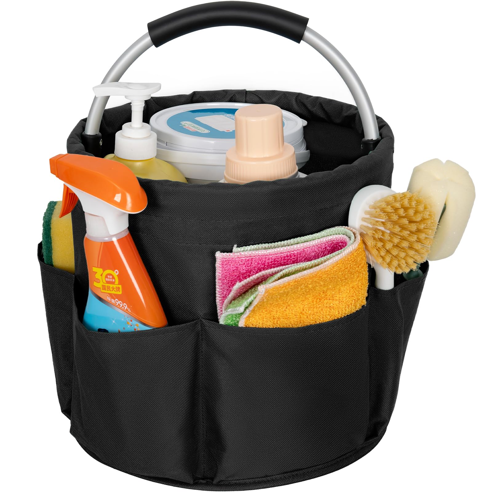IPEB Cleaning Caddy Organizer with Handle Foldable Cleaning Bucket Organizer Cleaning Caddy Bag Cleaning Tool Bucket Multi-pocket Tool Bag for Cleaners & Housekeepers,Black