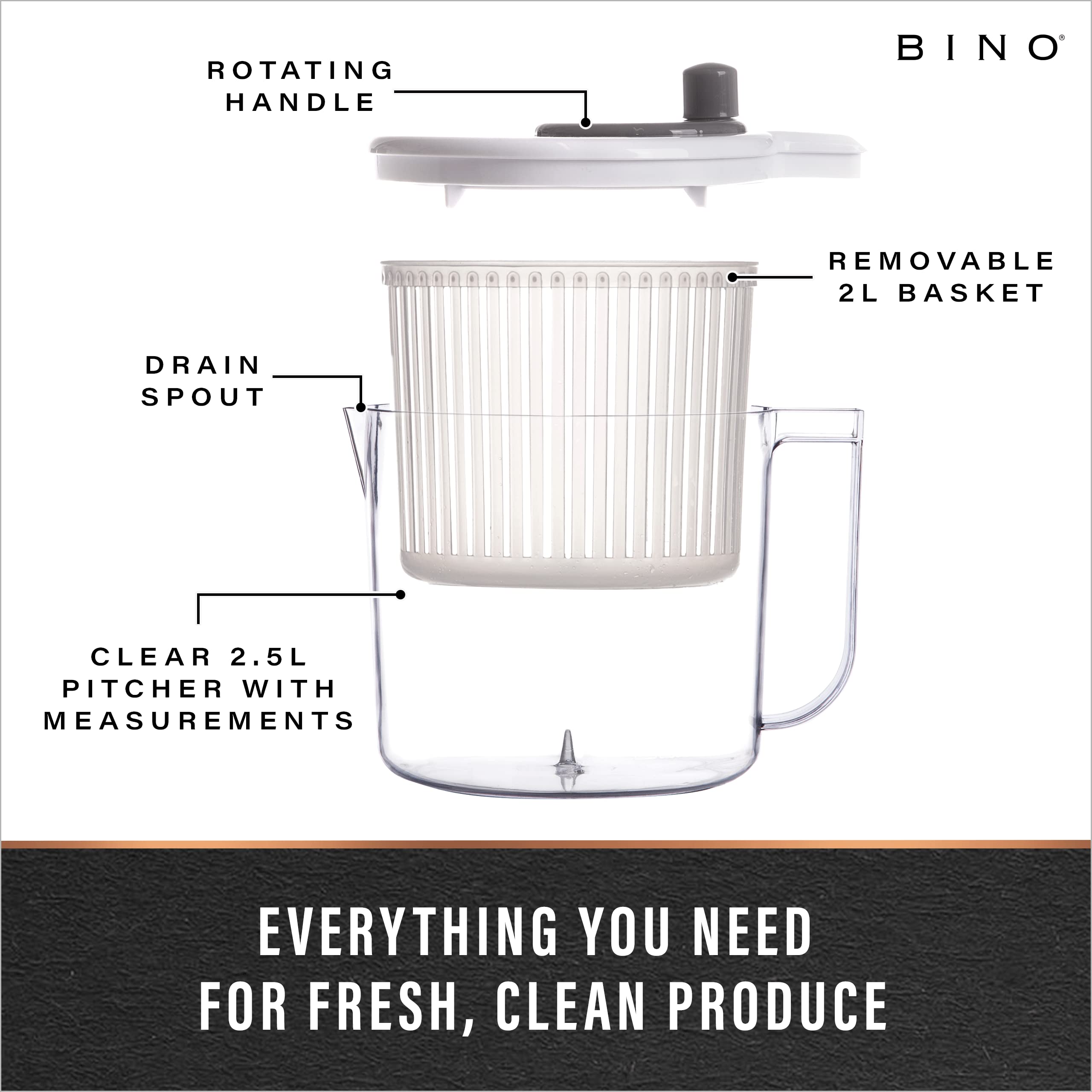 BINO | Salad Spinner - 2.6 Qt | Small Manual Lettuce Spinner with Built-in Draining System | Salad Spinner, Colander, and Water Pitcher in One | Fruit & Vegetable Basket Colander | Kitchen Gadgets