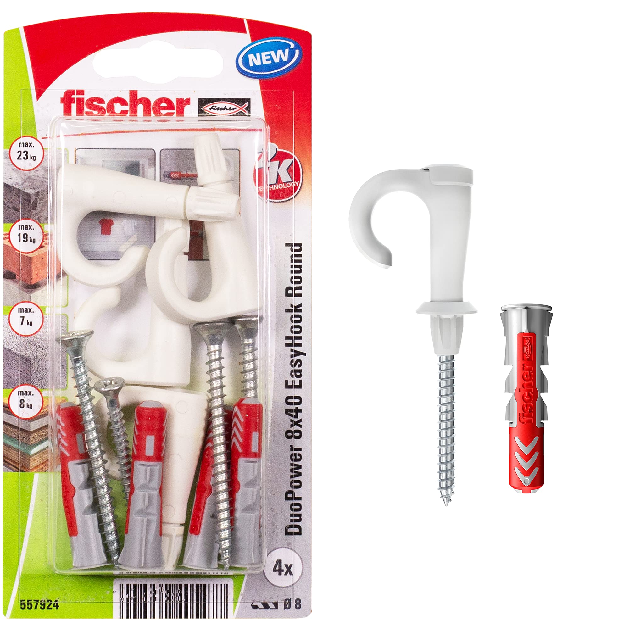 fischer EasyHook Round K (4), set of 4 round hook screws & DuoPower 8 x 40 plugs, chipboard screws with hooks, flexible screw hooks for mounting in numerous building materials