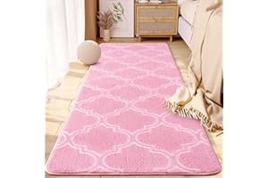 HOMORE 2x6 Runner Rug, Long Shag Area Rug for Bedroom Living Room Couch Hallyway, Super Soft Memory Foam Rugs for Kids Nursery Dorm, Pink/White