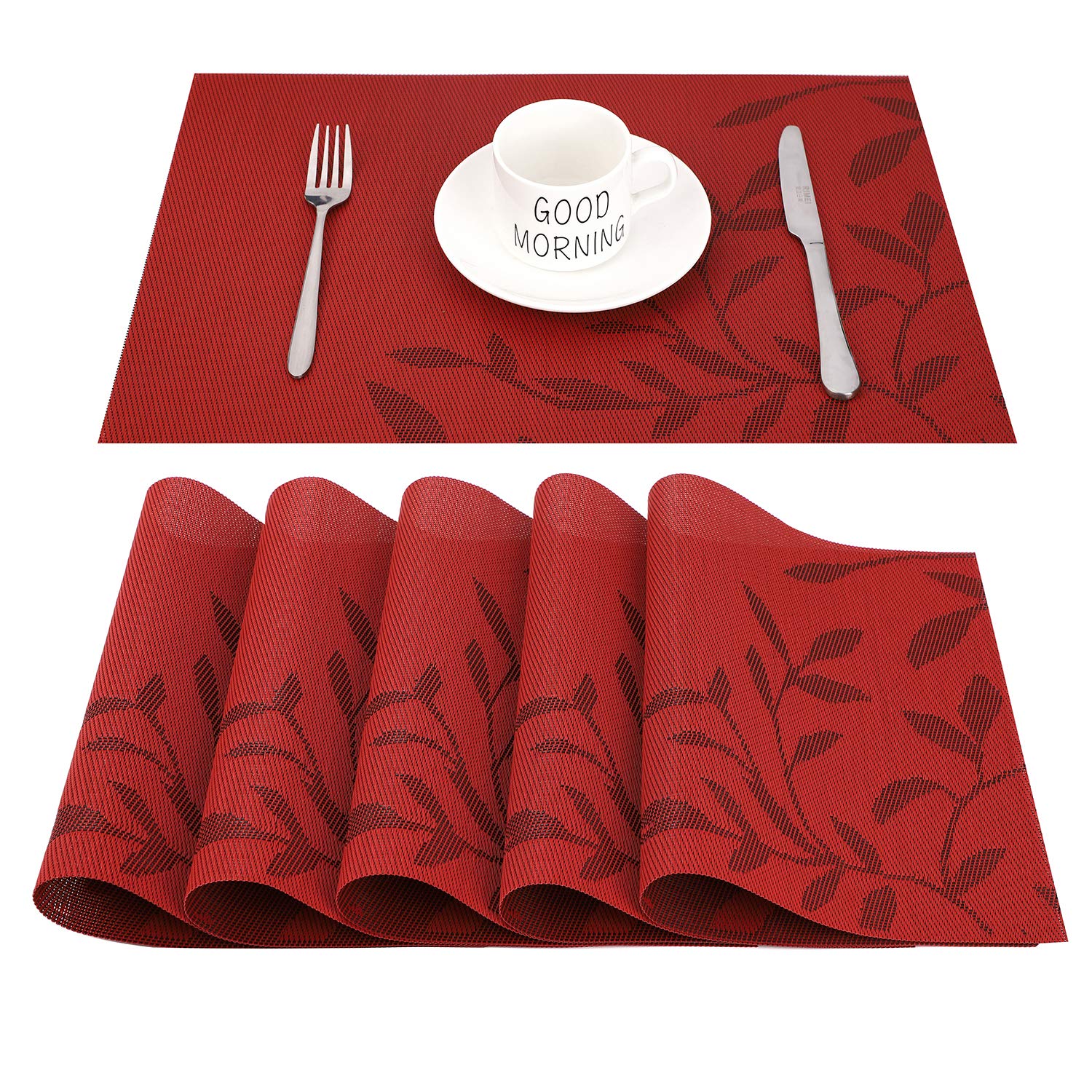 CHAOCHI Placemats set of 6,Easy to Clean Non-slip Heat Resistant Dining Table Mats,Washable Crossweave Woven Vinyl PVC Place mats,45CM x 30CM (Red)
