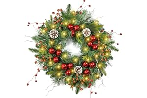 Beinhome Pre-Lit Christmas Wreath with Timer Lights, 22in Christmas Wreaths Winter Wreath for Front Door Decor, Wreaths with Berries Red Ball Pine Cones Ornaments for Christmas Door Decoration