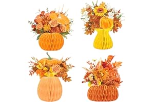 NICROHOME EUR Fall Decoration,4 PCS Honeycomb Paper Vase Set with Artificial Flowers Pumpkin Card,Brown Orange Fall Paper Table Centerpiece for Thanksgiving Halloween Home Kitchen Autumn Table Decor