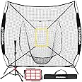 Storgem Baseball and Softball Practice Net 7×7ft Portable Hitting Pitching Batting Training Net Baseball Backstop Net with Batting Tee and Strike Zone and Bow Frame