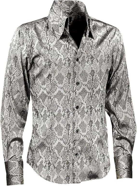 Amazon サテンシャツ ドレスシャツ スキッパー パイソン柄 蛇 日本製 ボタンダウン スリム 無地 パーティー メンズ シルバー銀グレー灰 シャツ 通販