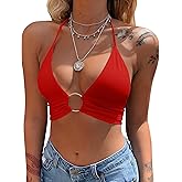 Mizoci Women's Sexy Summer Sleeveless Halter Deep V Neck Crop Top Tie Up Backless Cami
