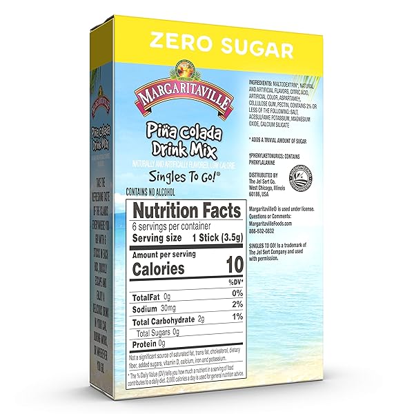MARGARITAVILLE, SINGLES TO GO WATER DRINK MIX FLAVORED NONALCOHOLIC POWDER STICKS 6 COUNT, PINA COLADA, 4.14 OUNCE