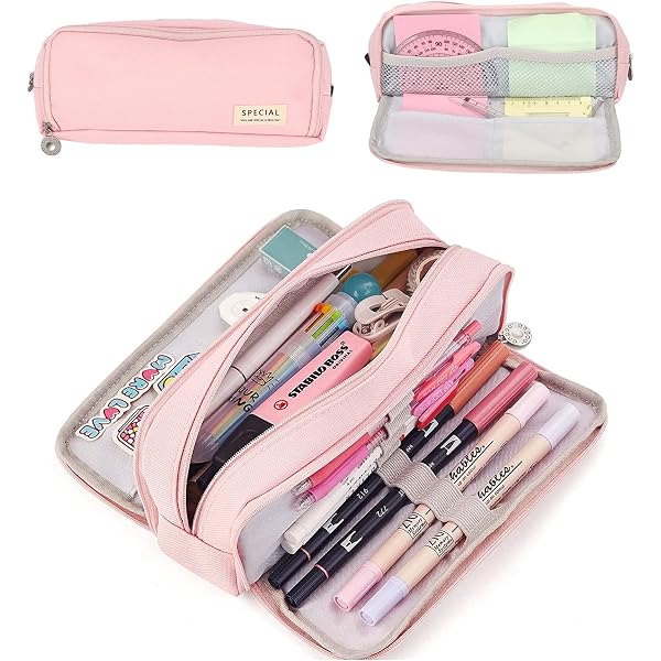 LParkin Cute Cat Pencil Case Super Large Capacity 3 Compartments Canvas Pencil Box Kawaii Makeup Bag Cat Gifts For Boys Girls