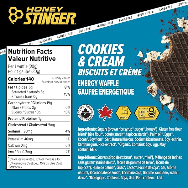 HONEY STINGER ORGANIC GLUTEN FREE COOKIES & CREAM WAFFLE | ENERGY STROOPWAFEL FOR EXERCISE, ENDURANCE AND PERFORMANCE | SPORTS NUTRITION FOR HOME & GYM, PRE AND POST WORKOUT | 12 WAFFLES, 12.72 OUNCE