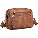 FADEON Crossbody Bags for Women Multi-pocket Leather Crossbody Purses, Designer Shoulder Bag Purse Adjustable Strap Brown