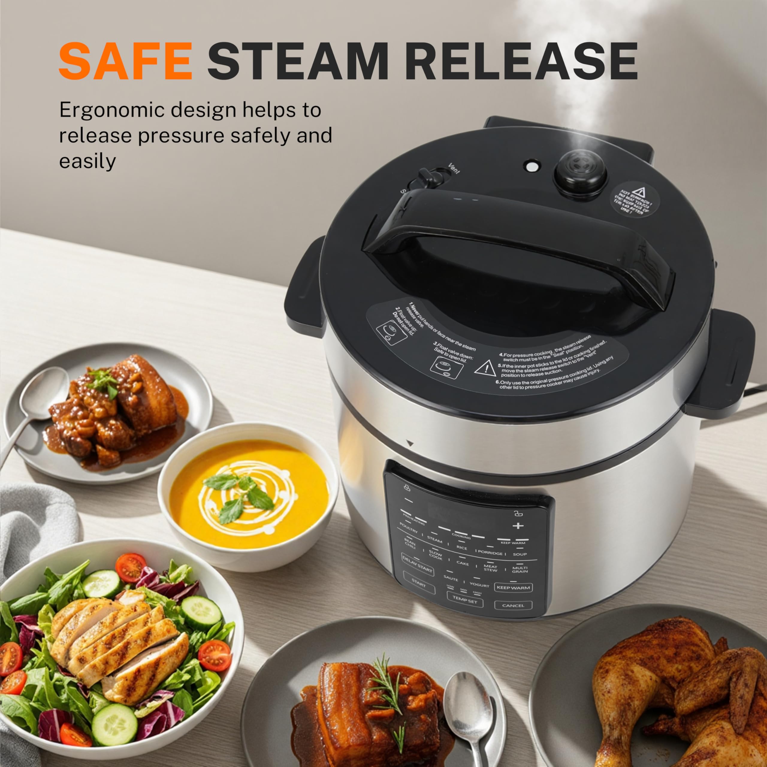 Simple Deluxe Electric Pressure Cooker, Non-Stick 12-in-1 & 6QT Stainless Steel Multi Cooker for Slow Cook, Meat Stew, Cake, Porridge, Multigrain, Dishwasher Safe, Silver