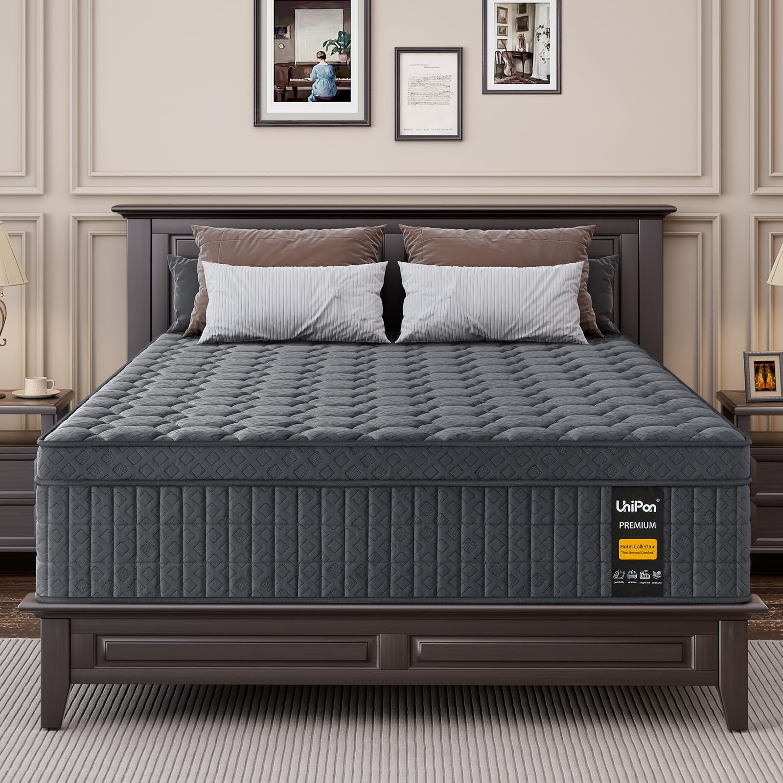 UniPon Extra Firm Queen Mattress, 12 inch Hybrid Mattress with Extra Back and Lumbar Hip Support, Pressure and Pain Relief, Fiberglass Free, 365 Nights Trial, Forever Warranty