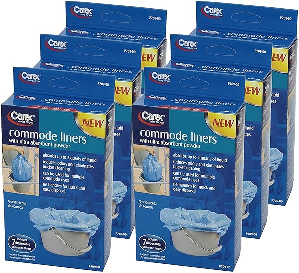 CAREX COMMODE LINERS, 42 LINERS – FITS MOST COMMODES, WITH ABSORBENT POWDER, HOLDS 2 QUARTS LIQUID, DISPOSABLE AND HYGIENIC, 7 TOILET LINERS/BOX, PACK OF 6