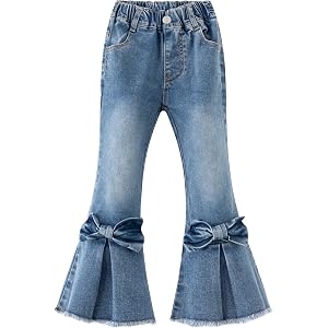 KIDSCOOL SPACE Little Girls Bow-Knot Flare Jeans, 2-7T Toddler Chic Bell Bottom Denim Pants with Frayed Hem