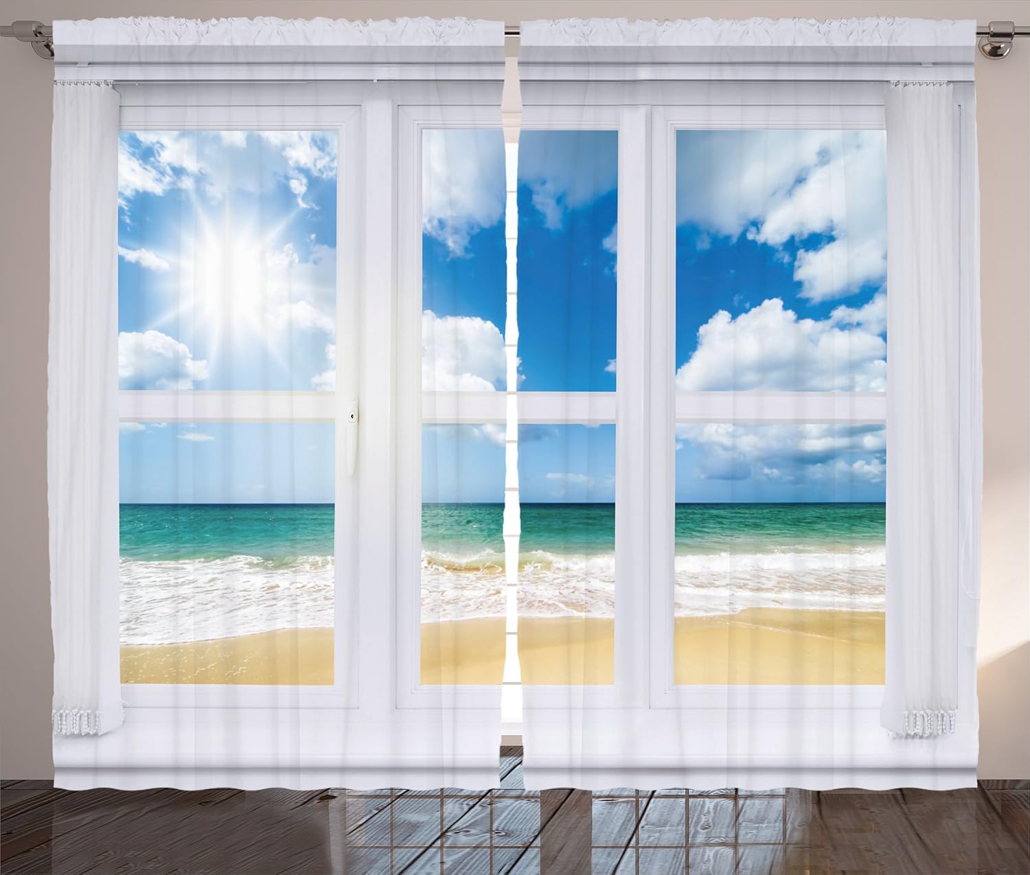 Ambesonne Beach Curtains, Beach House Window Overlooking Ocean View Sunshine and