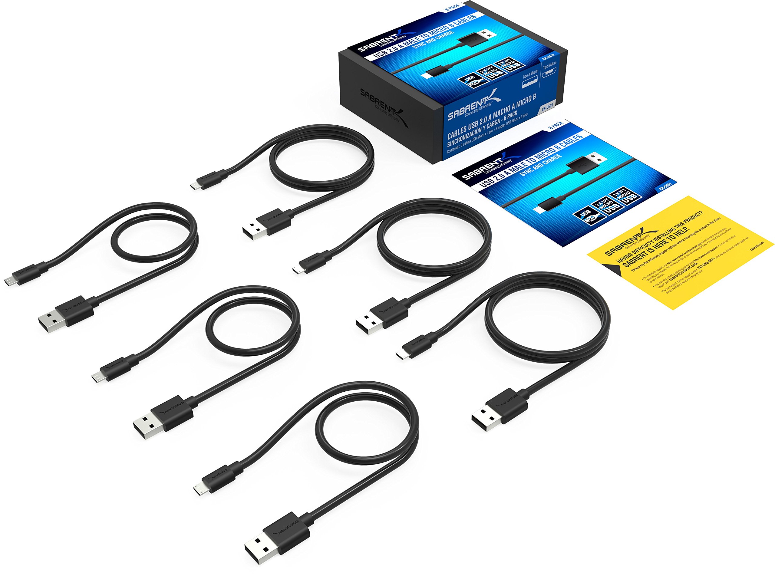 SABRENT [6-Pack 22AWG Premium Micro USB Cables (X3-3ft + X3-1ft) High Speed USB 2.0 A Male to Micro B Sync and Charge Cables [Black] (CB-U631)
