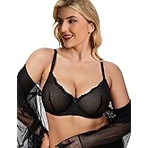 Wingslove Sexy Lace Mesh Bras Plus Size See Through Unlined Sheer Bra Underwire for Heavy Breast