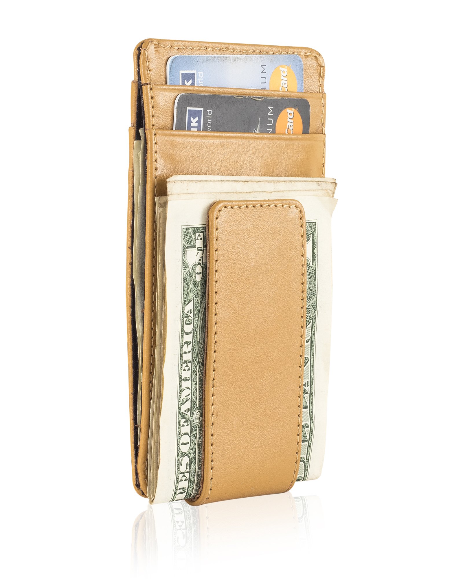 Trendtales Mens Genuine Cowhide Leather RFID Blocking Slim Wallet Magnet Money Clip Card Holder TMC802 BG Beige