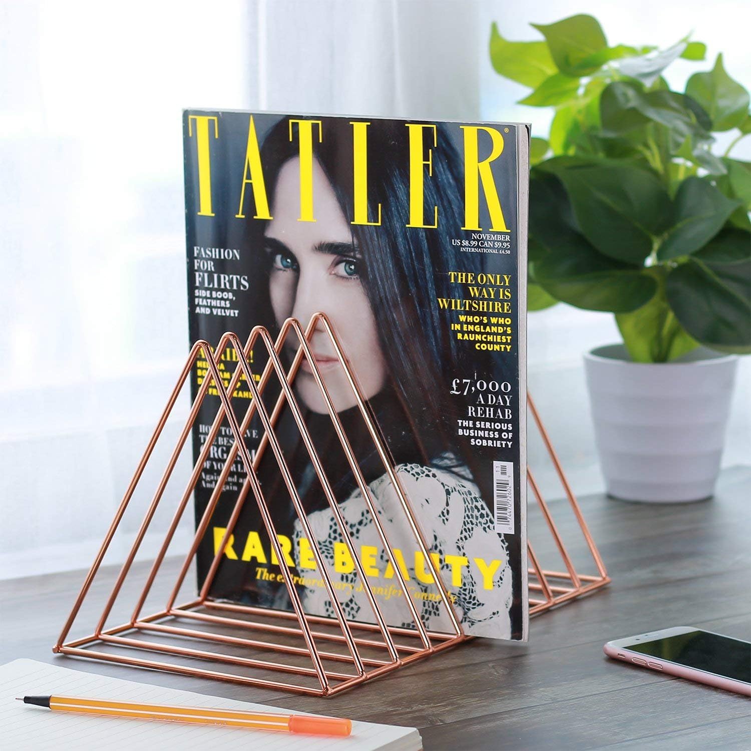 Reliancer File Organizer Triangle Iron Desktop Storage Book Rack Bookshelf Copper Magazine Newspaper Holder Art Desktop Organizer Wire Collection 9 Section for Office Home Decoration(Rose Gold): Home Improvement