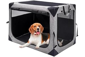 Hiaksedt Dog Crates - 36 Inch Collapsible Soft Dog Crate, 3-Door Foldable Soft Kennel for Large Dogs, Portable Pet Travel Cage with Chew Proof Mesh Window for Outdoors