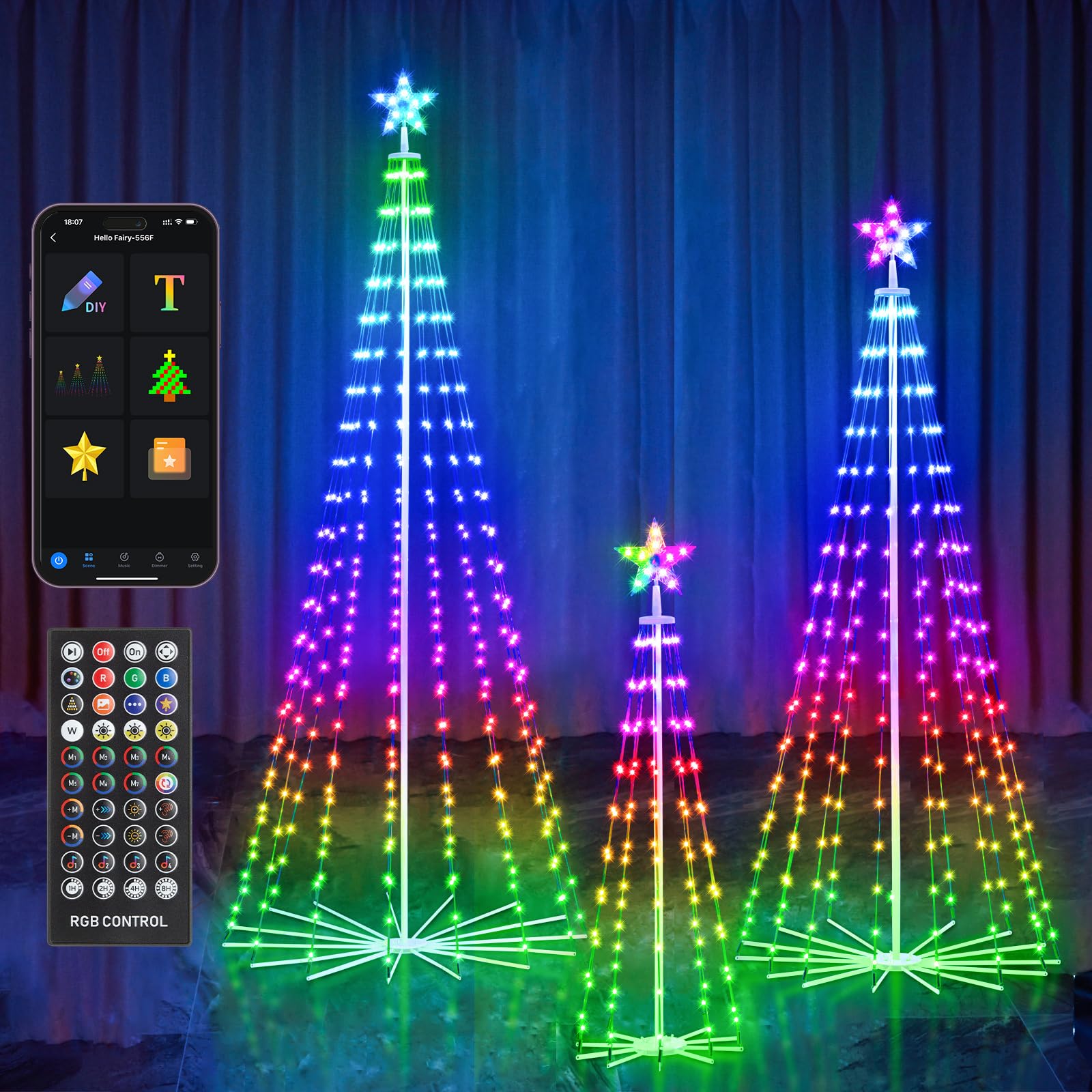 Photo 1 of HOLILLUMA Outdoor Christmas Tree, 3-Pack RGB Color Changing Pre-Lit Smart Cone Christmas Tree with LED Lights, App & Remote Control, Multi-Color Lightshow, Christmas New Year Decoration(4FT&6FT&8FT)