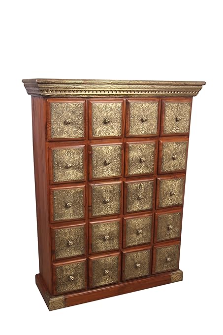 Vriksh Of Life Teak Wood Chest of Drawers with Brass Work