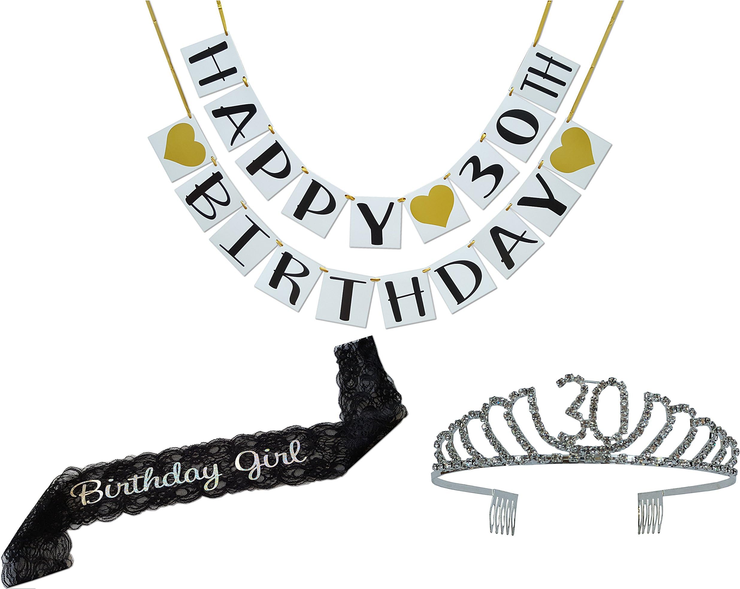 Birthday Party Supplies and Decorations - Sash, Tiara, and Banner All-in-One Pack (30th Birthday)