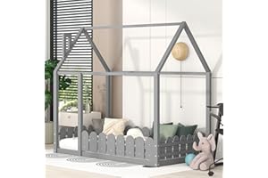 Harper & Bright Designs House Bed Twin Kids Bed Floor Bed Frame with Roof and Fence, Box Spring Needed, for Toddlers, Kids, Teens, Girls, Boys (Twin Size, Gray)