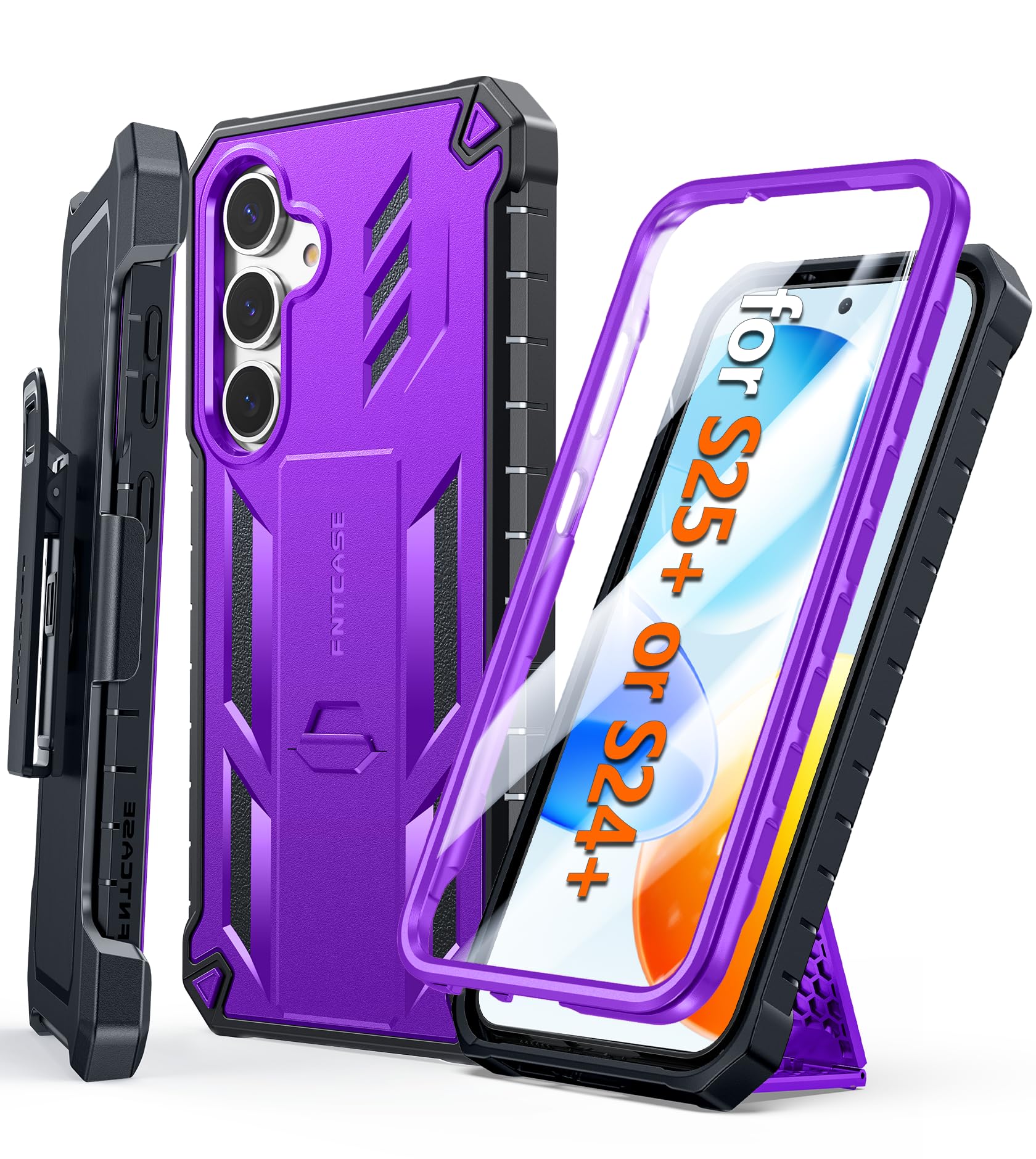Photo 1 of FNTCASE for Samsung Galaxy S25-Plus Case: Military Grade Rugged Cell Phone Cover with Kickstand & Holster | Shockproof TPU Protection Bumper Matte Textured Design for S24 Plus Cases 6.7 inch - Purple