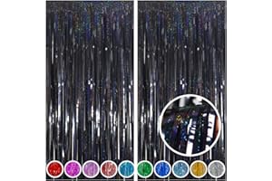 Melsan 2 Pack 3.2 ft x 8.2 ft Tinsel Foil Fringe Curtains Backdrop, Sparkle Metallic Foil Curtains for New Years Eve Party Photo Booth Props Decoration (Black)